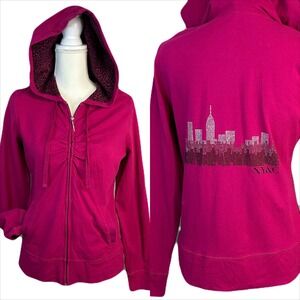 Vtg New York & Co Women Y2k Sparkly Zip Up Hoodie Sweatshirt Sz M Fitted Pink